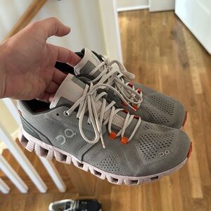Gray and Orange Athletic Shoes